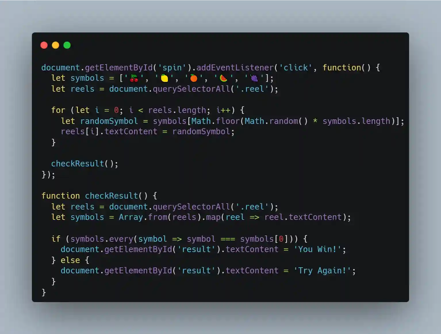 writing the javascript slot machine code