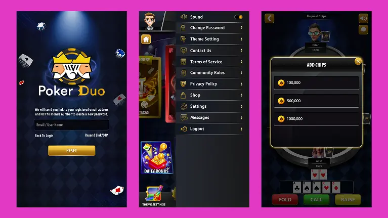casino software login, setting, add chip screen
