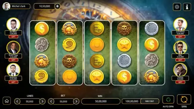 Machine à sous HTML5 sur le thème des pièces, avec pièces d'or et d'argent gravées sur les rouleaux
