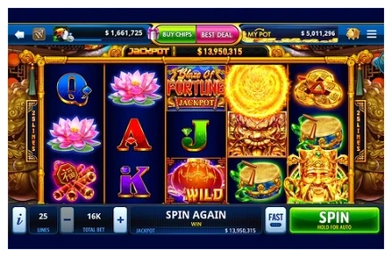 Jeu de machine à sous HTML5 en cours, avec compteur de jackpot progressif et bouton de rotation