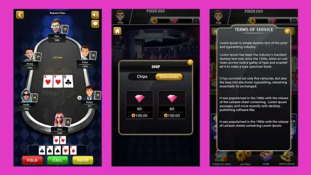 lobby, shop, terms screen