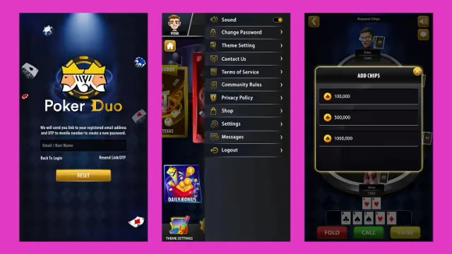 login, setting, add chip screen