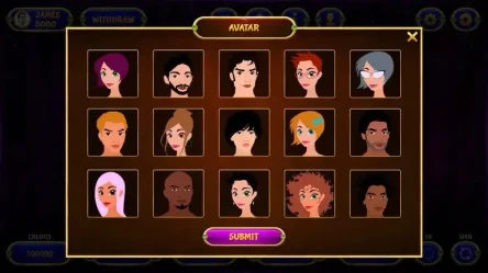 avatar screen for slot machine game interface