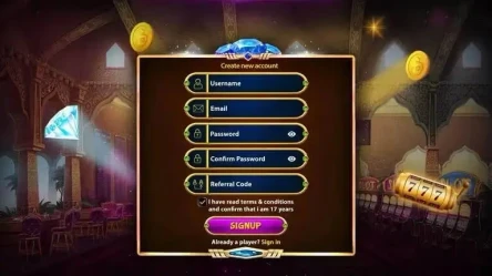 user sign-up screen of slot machine game interface