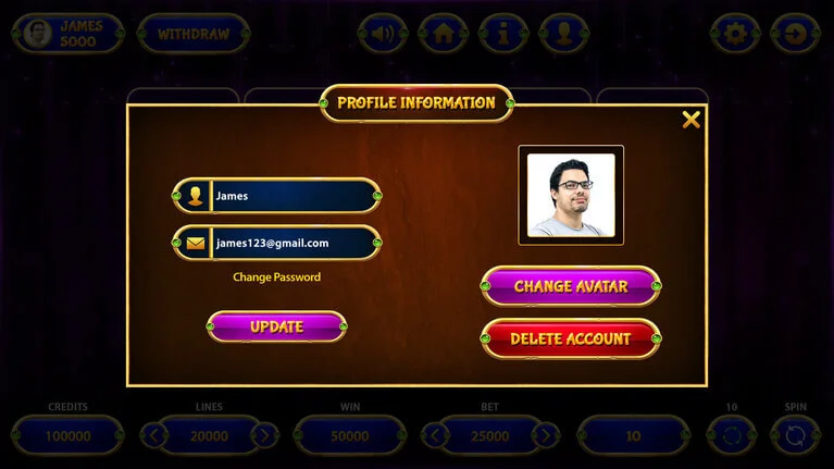 unity slot machine software profile information screen interface