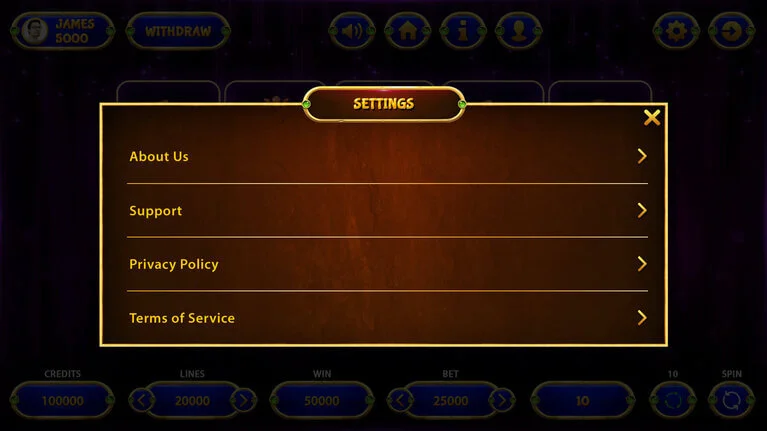 unity slot machine game software setting option screen interface