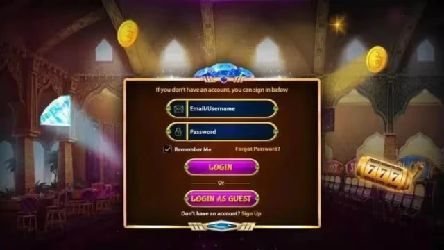 Écran de connexion du logiciel de machine à sous HTML5, avec accès par e-mail ou en mode invité