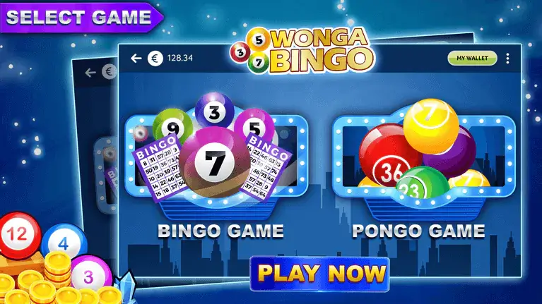 wonga bingo game selection screen